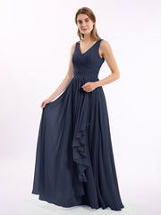 Chiffon V-neck Dress with Cascade Skirt Dark Navy