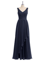 Chiffon V-neck Dress with Cascade Skirt Dark Navy
