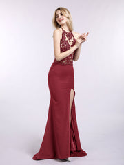 Halter Mermaid Sexy Dress with Slit-Burgundy