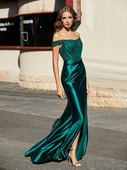 Off Shoulder High Slit Corset Bodice Satin Gown Dark Green