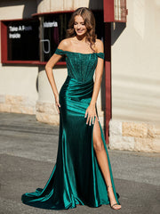 Off Shoulder High Slit Corset Bodice Satin Gown Dark Green