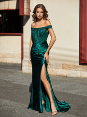 Off Shoulder High Slit Corset Bodice Satin Gown Dark Green