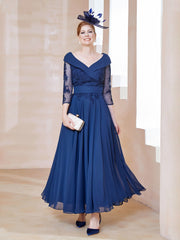 A-line V-neck Appliqued Chiffon Dress Navy Blue