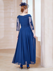 A-line V-neck Appliqued Chiffon Dress Navy Blue