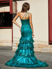 One Shoulder Ruffle Tiered Tulle Gown Dark Green