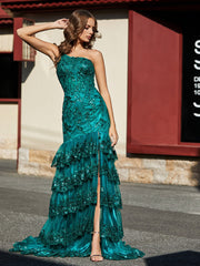 One Shoulder Ruffle Tiered Tulle Gown Dark Green