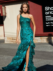 One Shoulder Ruffle Tiered Tulle Gown Dark Green