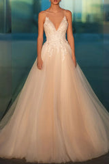 A Line Fine Shoulder Strap Lace Applique Bohemian Wedding Dress