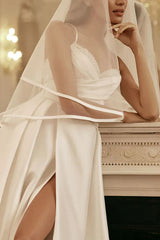 A Line thin shoulder strap pearl satin plain wedding dress