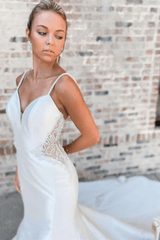 Off White V-Neck Beading Mermaid Satin Straps Long Wedding Dress TN314