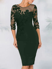 Sheath Cocktail Elegant Dress Fall Wedding Guest Dress Long Sleeve Black Dress Midi Dress Floral Embroidery Illusion Neck Mother of the Bride Dress