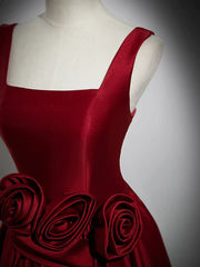 Wholesale A Line Straps Burgundy Satin Long Prom Dress with Flower Charming Evening Party Dress