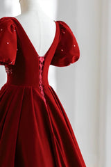 Wholesale Burgundy A Line Puff Sleeves Velvet Long Prom Dress Evening Dress Elegant