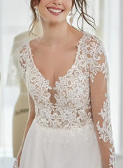 Elegant A-Line V-Neck Wedding Dresses With Long Sleeves And Split Front Floor Length