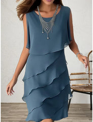 Party Dress Cocktail Dress Wedding Guest Dress Midi Dress Blue Sleeveless Pure Color Ruffle Summer Spring Fall Crew Neck Fashion Wedding Guest Mother of the Bride Dress