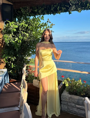 Yellow A Line Casual Prom Dresses Chiffon Wedding Guest Dress with Slit