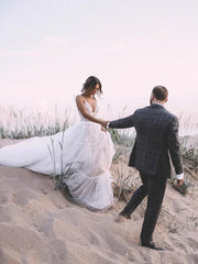 Unique Appliqued A-line Tulle Wedding Dresses With Chapel Train Floor Length Beautiful