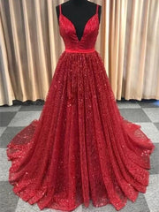 Sparkly Spaghetti Straps Sweep Train Lace A-line Long Prom Dresses V-neck Sexy Evening Dress Wholesale