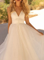 Elegant Satin/Tulle Wedding Dresses With A-Line V-Neck And Sleeveless Design Court Train Floor Length