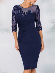 Sheath Cocktail Elegant Dress Fall Wedding Guest Dress Long Sleeve Black Dress Midi Dress Floral Embroidery Illusion Neck Mother of the Bride Dress