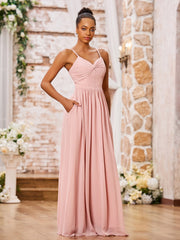 Sweetheart Neck Spaghetti Straps Chiffon Dresses with Pocket Dusty Rose