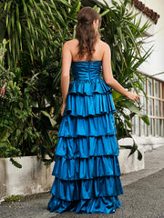 A-line Sleeveless Pleated Floor-length Prom Dress Ink Blue