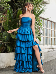 A-line Sleeveless Pleated Floor-length Prom Dress Ink Blue