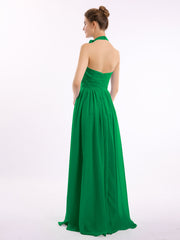 Halter Chiffon Full Length Dress with Flowers-Emerald