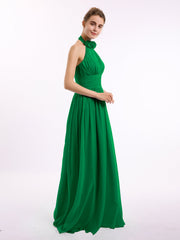 Halter Chiffon Full Length Dress with Flowers-Emerald