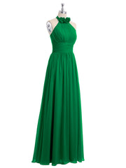 Halter Chiffon Full Length Dress with Flowers-Emerald