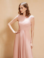 Illusion Neck Cap Sleeve Chiffon Lace Dress Dusty Rose