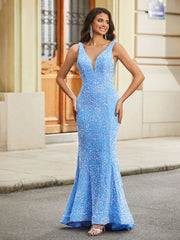 Plunging V-Neck Trumpet/Mermaid Sequin Prom Dress Blue