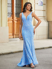 Plunging V-Neck Trumpet/Mermaid Sequin Prom Dress Blue