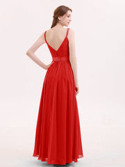 V Neck Chiffon Bridesmaid Dress with Satin Sash Bow-Red