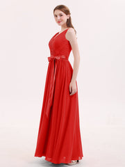 V Neck Chiffon Bridesmaid Dress with Satin Sash Bow-Red