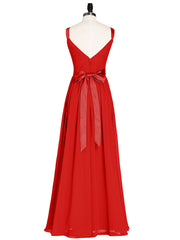 V Neck Chiffon Bridesmaid Dress with Satin Sash Bow-Red