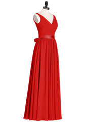 V Neck Chiffon Bridesmaid Dress with Satin Sash Bow-Red