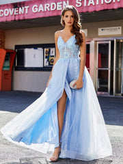 V Neck Corset Bodice Tulle Dress Sky Blue