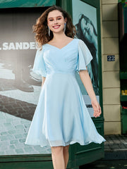 V-Neck Half Sleeve Short Pleated Chiffon Dress Sky Blue