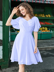 V-Neck Half Sleeve Short Pleated Chiffon Dress Lavender