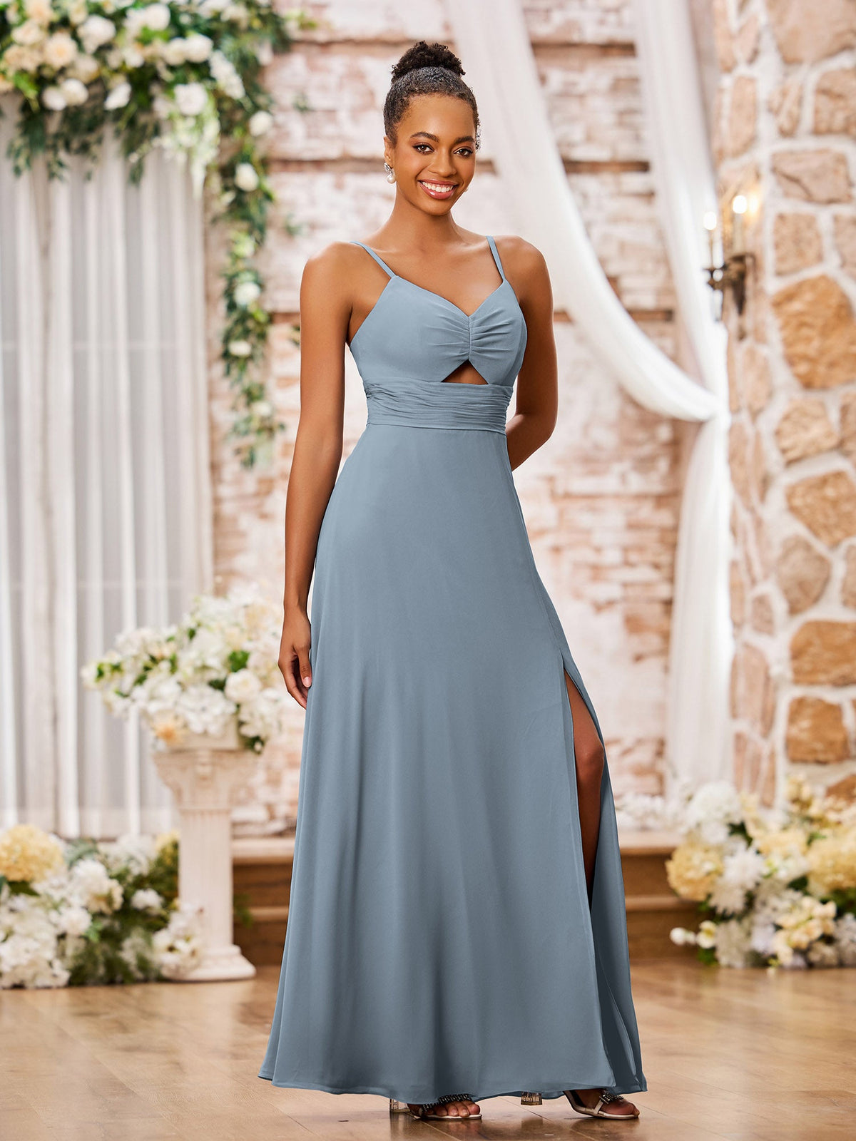 Spaghetti Straps A-line Maxi Bridesmaid Dresses with Slit Dusty Blue