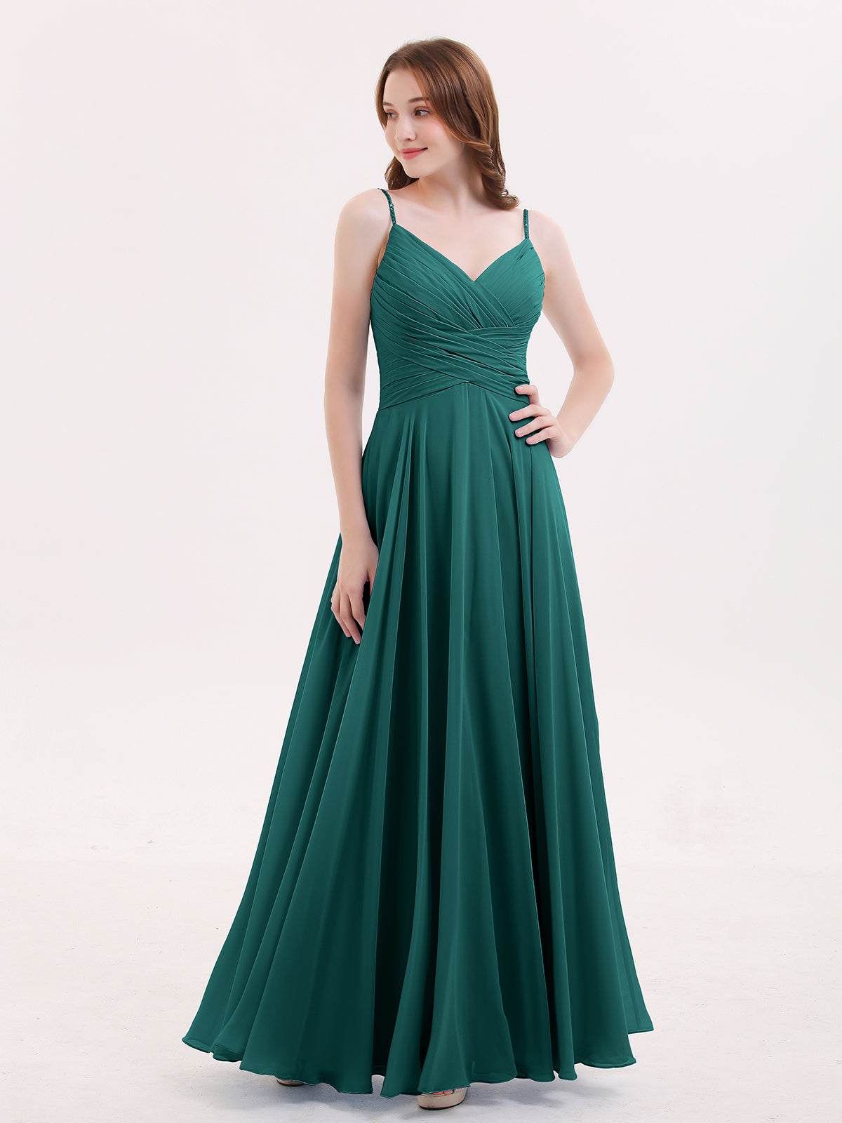 Spaghetti Strap Chiffon Dress with V Neck-Peacock