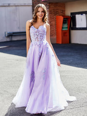 A Line Applique Top Tulle Gown with Slit Lilac