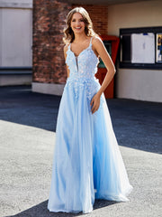 Flower Applique Ruched Skirt Tulle Gown Sky Blue