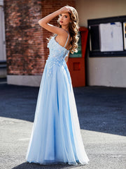 Flower Applique Ruched Skirt Tulle Gown Sky Blue