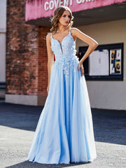 Flower Applique Ruched Skirt Tulle Gown Sky Blue