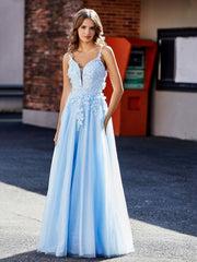 Flower Applique Ruched Skirt Tulle Gown Sky Blue