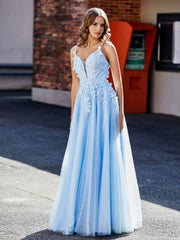 Flower Applique Ruched Skirt Tulle Gown Sky Blue