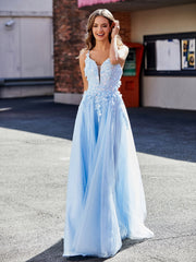 Flower Applique Ruched Skirt Tulle Gown Sky Blue
