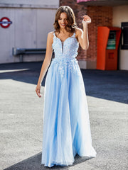 Flower Applique Ruched Skirt Tulle Gown Sky Blue